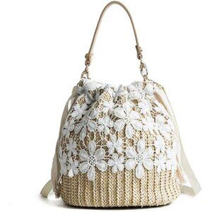 Purse Bucket Bag Lace Handmade Straw Woven Sling Handbag Shoulder Crossbody Bag